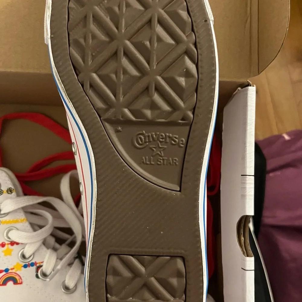 Converse Women’s White Hello Kitty High-Top Sneakers with Red & Blue Trim - Picture 3 of 7